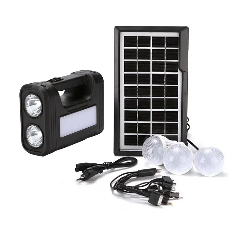 Kit Panel Solar (3 Ampolletas Led + Batería + Linterna + Cargador Celular)