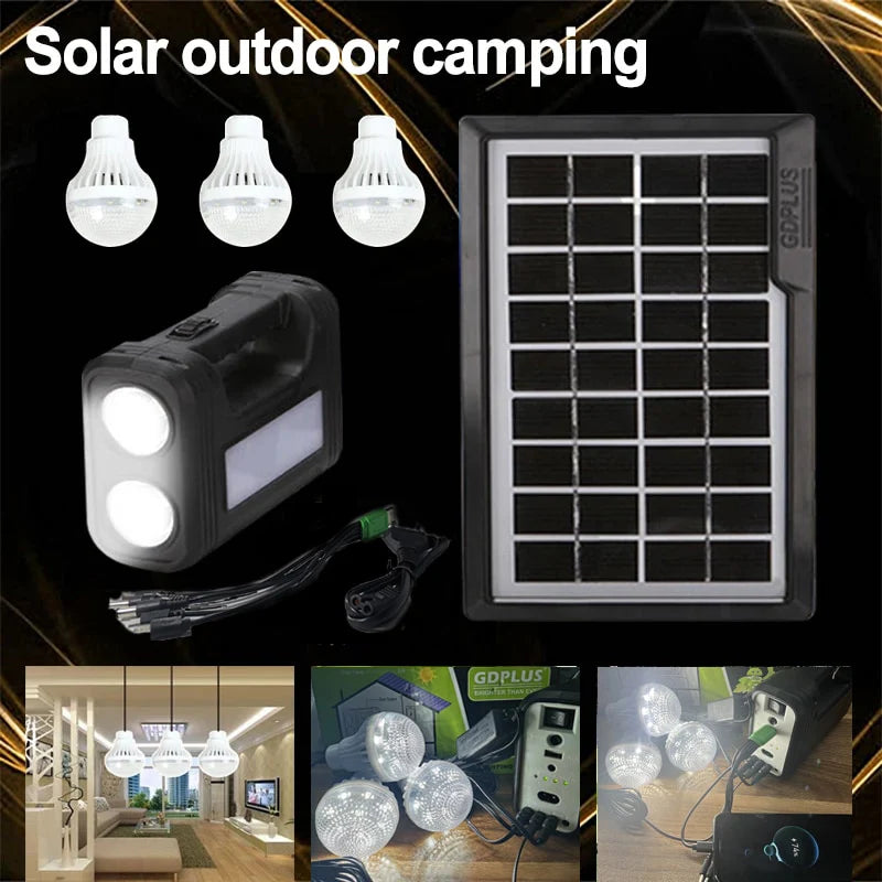 Kit Panel Solar (3 Ampolletas Led + Batería + Linterna + Cargador Celular)