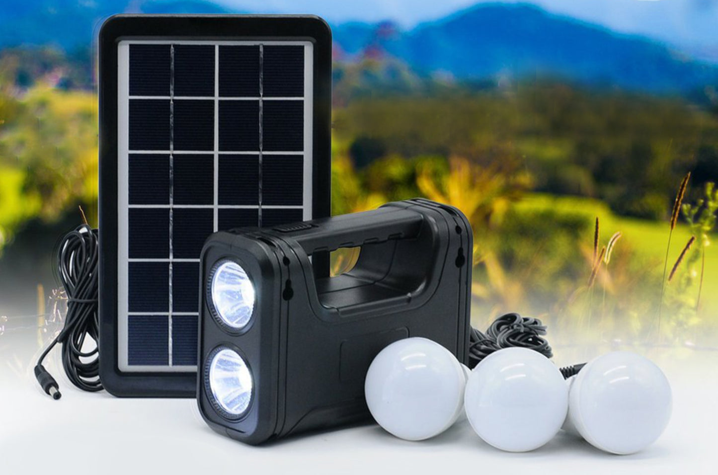 Kit Panel Solar (3 Ampolletas Led + Batería + Linterna + Cargador Celular)